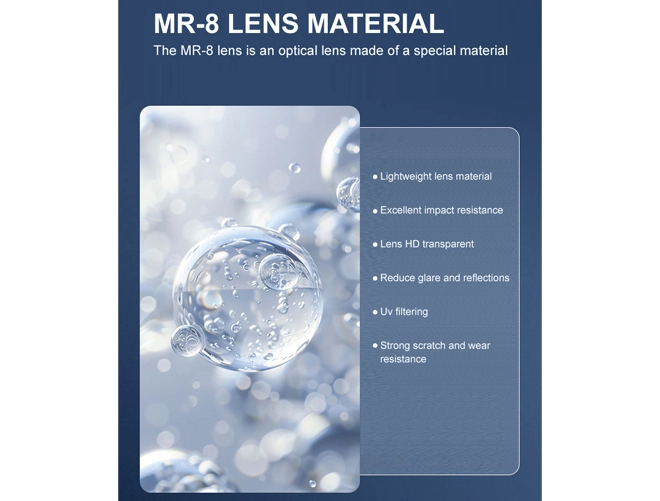 Especificación de lentes graduados monofocales 1.61 asféricos MR-8 con recubrimiento duro multicapa HMC