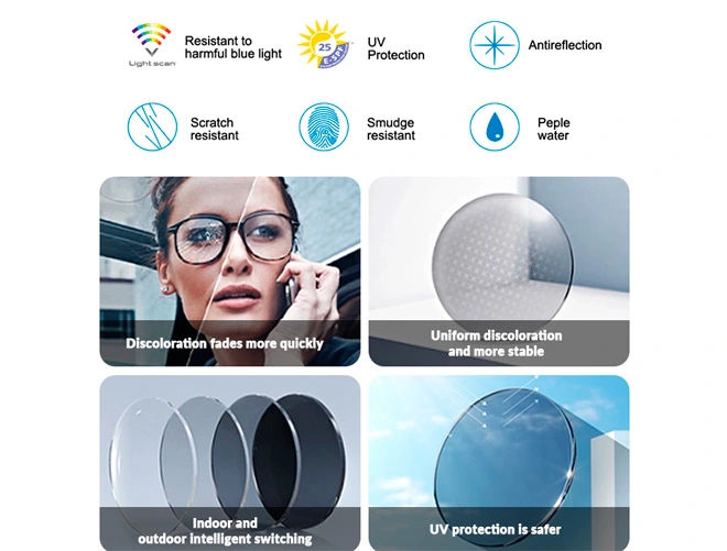 Especificación de lentes graduadas con recubrimiento AR de 1.56, parte superior redonda, en lente Photogray/Marrón.