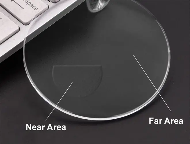 Especificación de lentes bifocales recetados 1.49 CR39 Flat Top sin recubrimiento para présbitas.