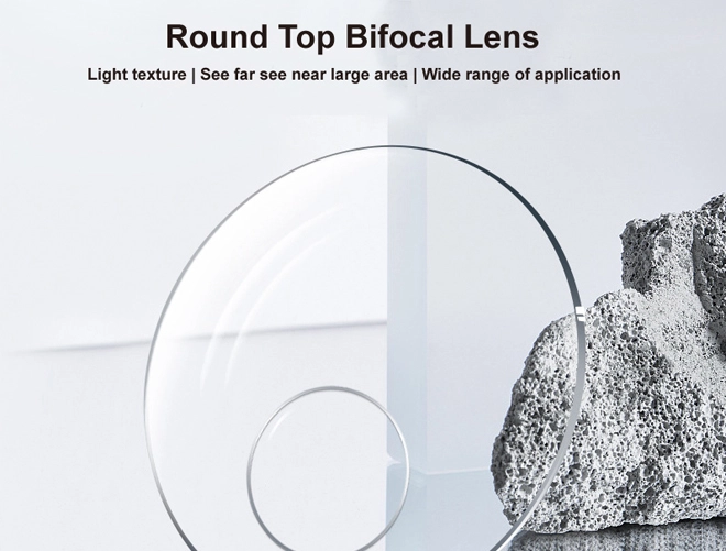 Especificación de lentes para anteojos: bifocal de segmento redondo, CR39 índice 1.49, prescripción sin recubrimiento