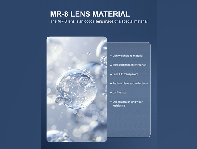 Especificación de Lentes Recetados Monofocales 1.61 Asféricos MR-8 UV420 Bloqueo de Luz Azul HMC Revestimiento Múltiple Duro